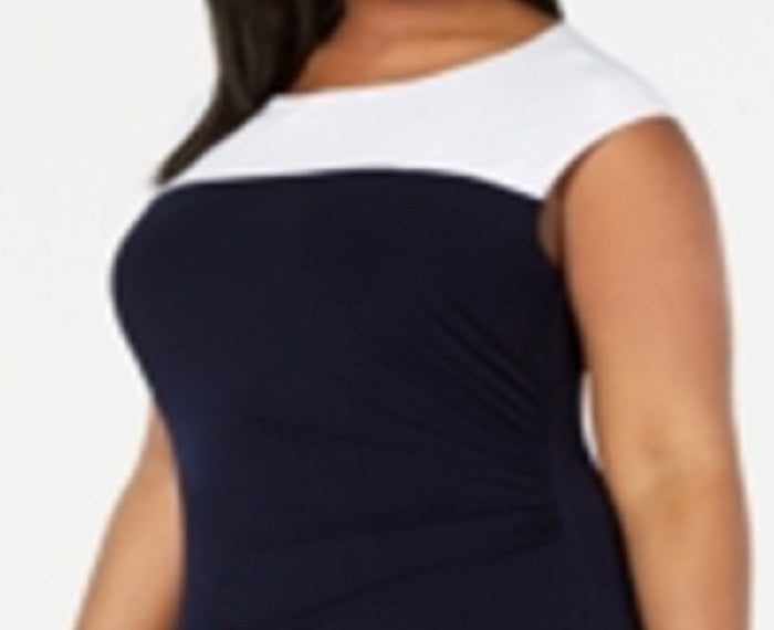 Vestido tubinho plus size com franzidos e blocos de cores da Connected Apparel para mulheres, tamanho azul-marinho 20W