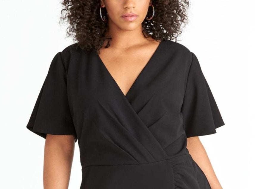 Vestido feminino Rachel Roy com babados, manga curta, decote em V, comprimento chá, falso, para usar no trabalho, preto, tamanho 16W