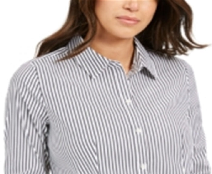 Blusa feminina listrada com punho e gola, abotoada, para usar no trabalho, preta, tamanho 4