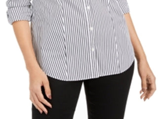 Blusa feminina listrada com punho e gola, abotoada, para usar no trabalho, preta, tamanho 4
