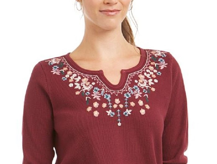 Blusa térmica feminina de algodão com decote dividido e bordado Style &amp; Co, marrom, tamanho XX-G