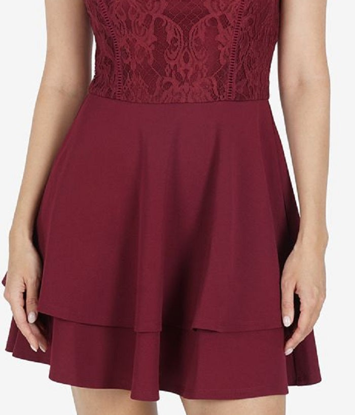 Vestido curto com babados e decote em joia, sem mangas, bordado, zíper, vermelho, tamanho médio, sem palavras