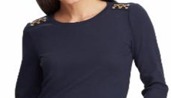 Blusa de malha waffle com detalhes em camurça Ralph Lauren feminina, roxa, tamanho pequeno M