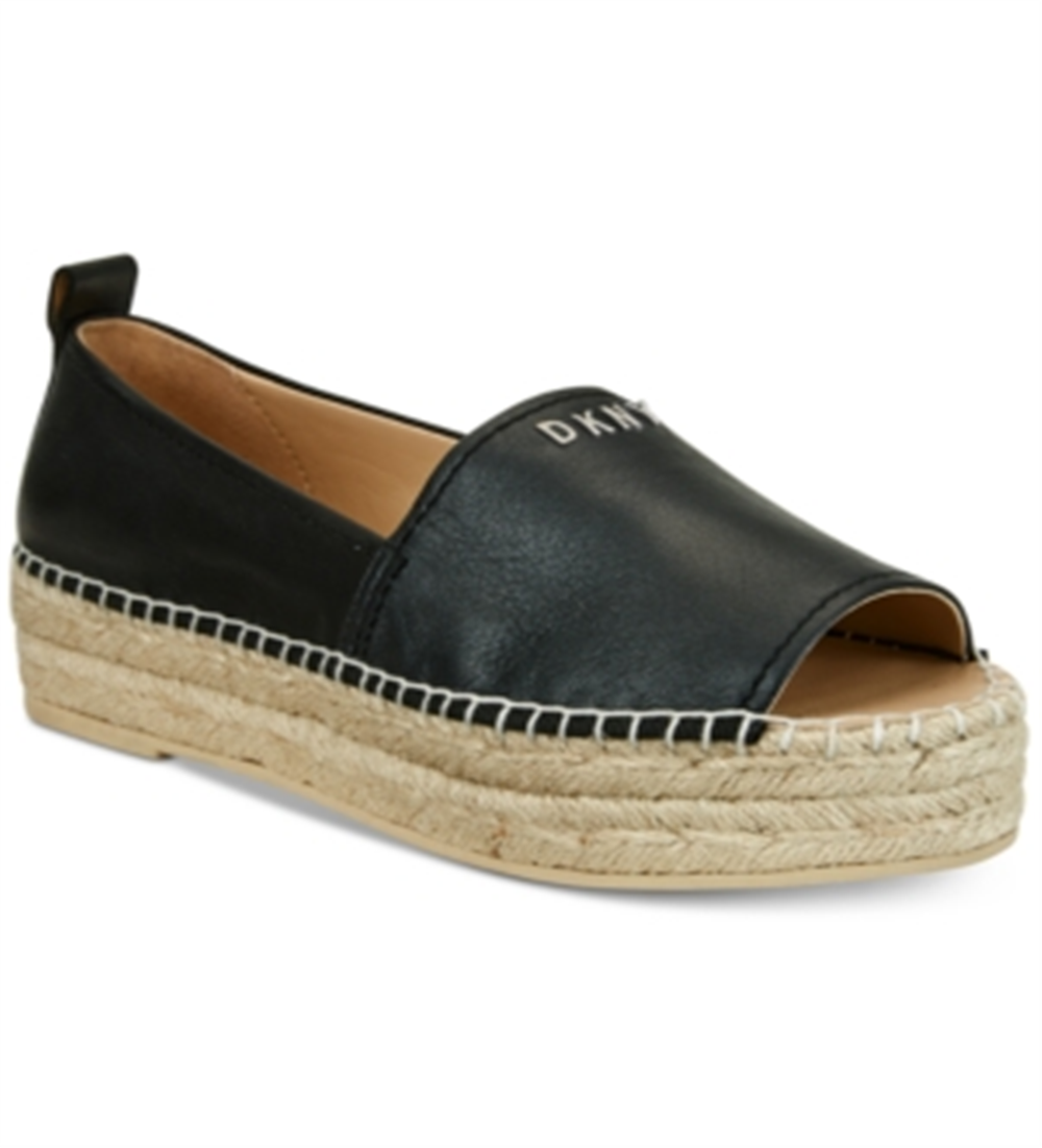 Sandálias DKNY Mer Leather Peep Toe Casual Espadrille Femininas Pretas Tamanho 6.5