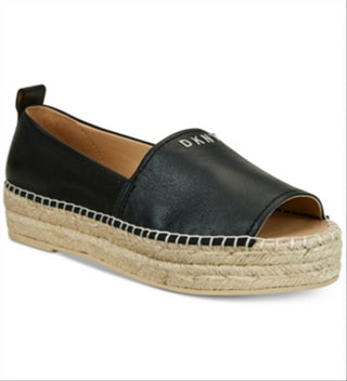 DKNY Women's Mer Leather Peep Toe Casual Espadrille Sandals Black Size 6.5