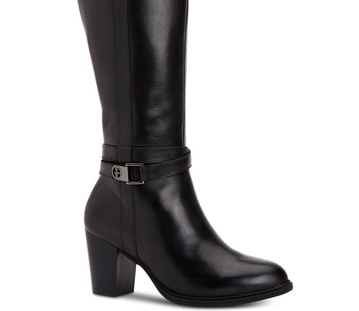 Botas femininas Bandolino Jimani de couro, bico fechado, cano médio, pretas, tamanho 7 M