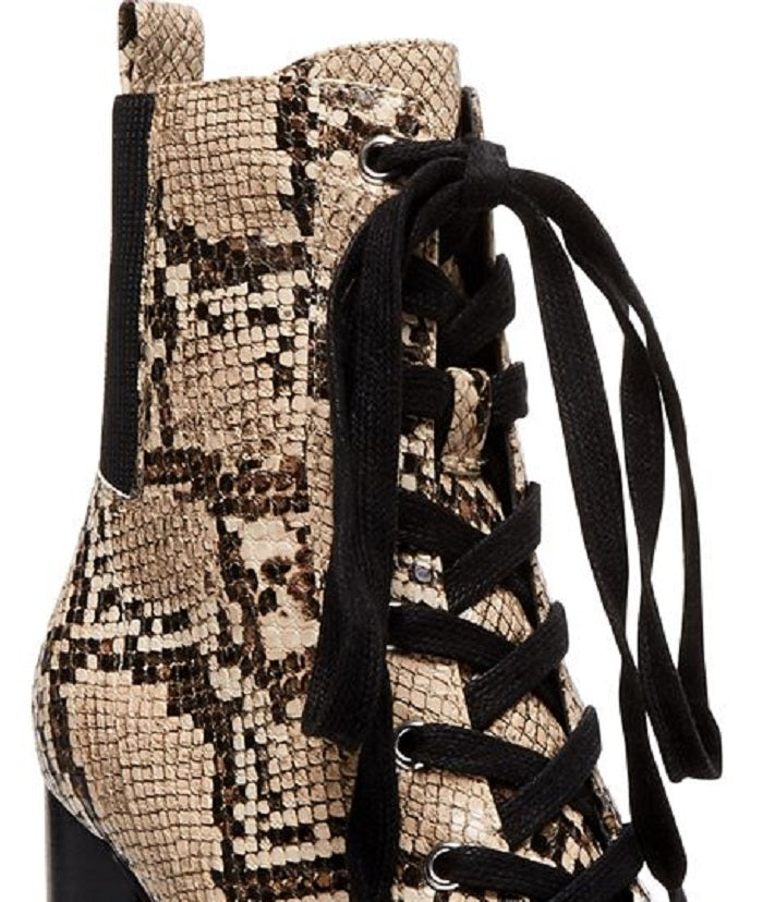 Botas de caminhada femininas Steve Madden, bico redondo, salto bloco, cadarço, couro, bege, tamanho 9