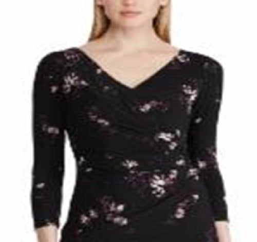 Vestido envelope feminino Ralph Lauren com manga 3/4, vestido de festa, preto, tamanho 6, pequeno
