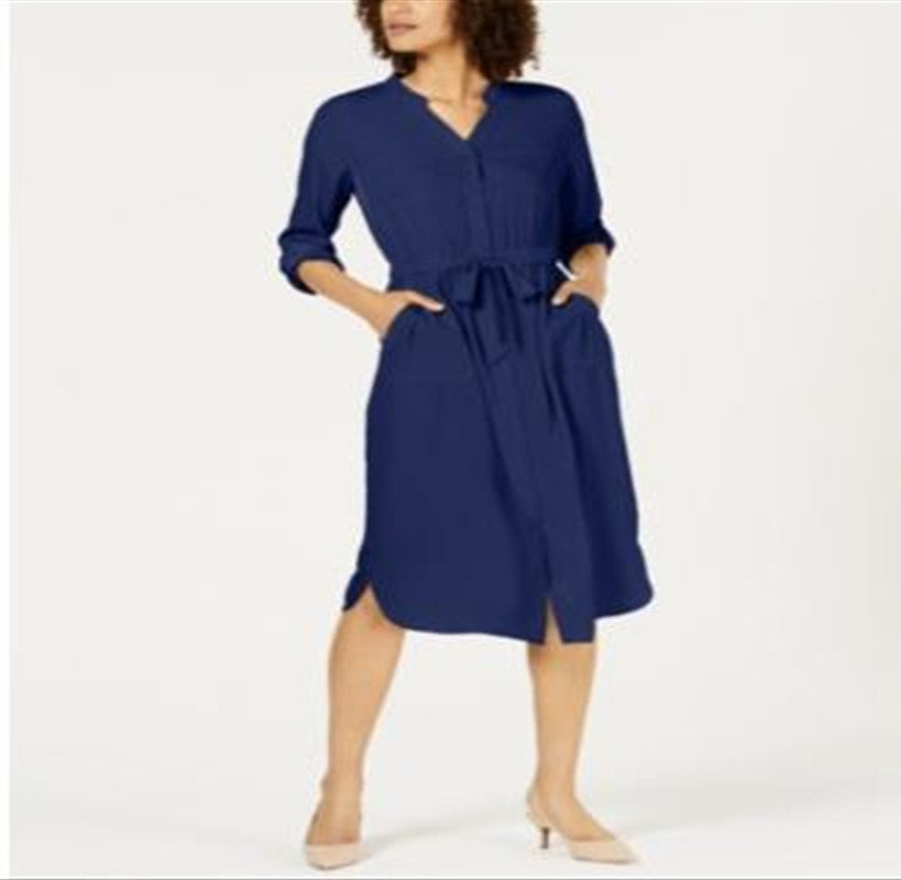 Vestido-camisa feminino Alfani com manga 3/4 e cinto, azul, tamanho 4, pequeno