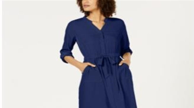 Vestido-camisa feminino Alfani com manga 3/4 e cinto, azul, tamanho 4, pequeno