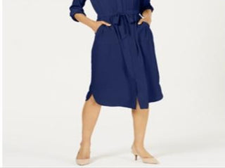 Vestido-camisa feminino Alfani com manga 3/4 e cinto, azul, tamanho 4, pequeno
