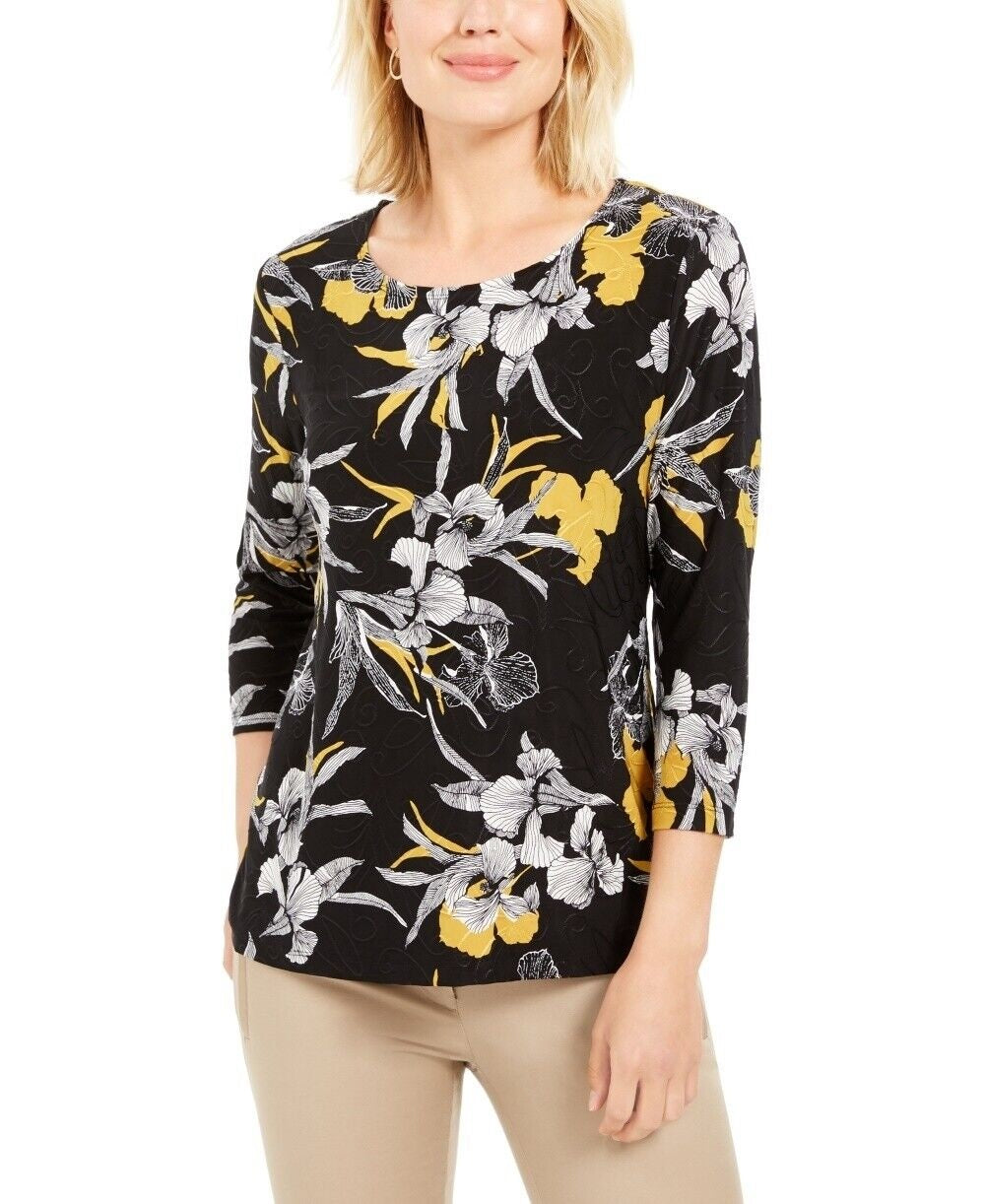 JM Collection Blusa feminina estampada em jacquard, preta, tamanho pequeno e pequeno