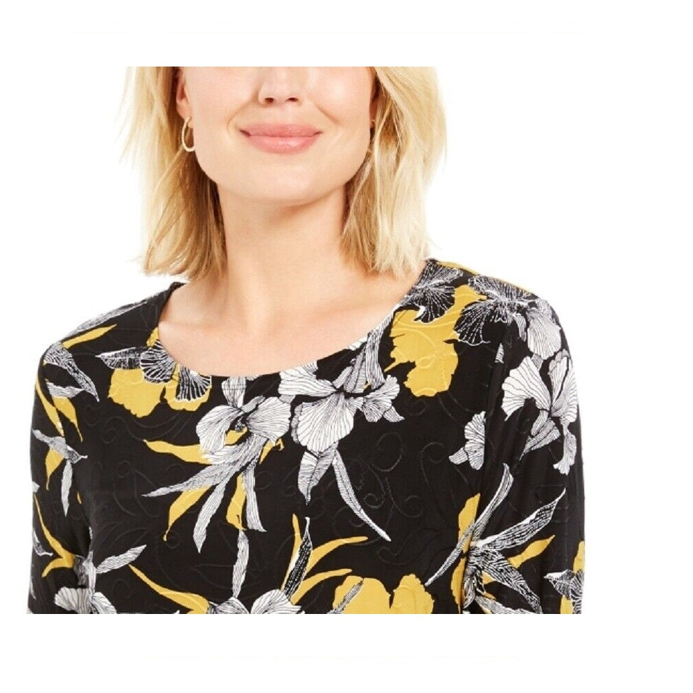 JM Collection Blusa feminina estampada em jacquard, preta, tamanho pequeno e pequeno