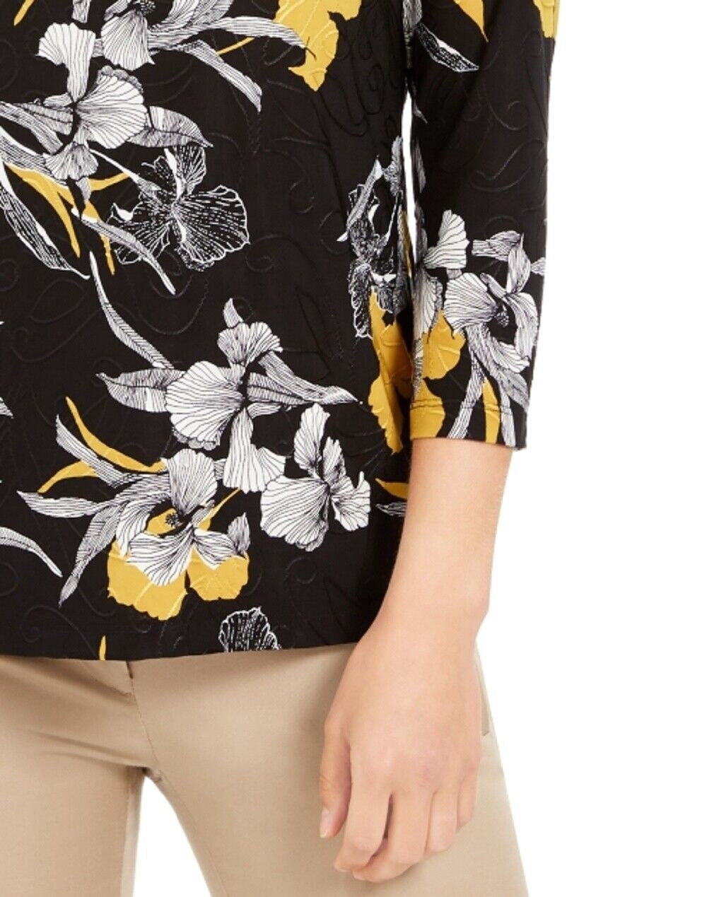 JM Collection Blusa feminina estampada em jacquard, preta, tamanho pequeno e pequeno