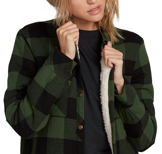 Camisa feminina Volcom Plaid About You manga comprida verde tamanho grande