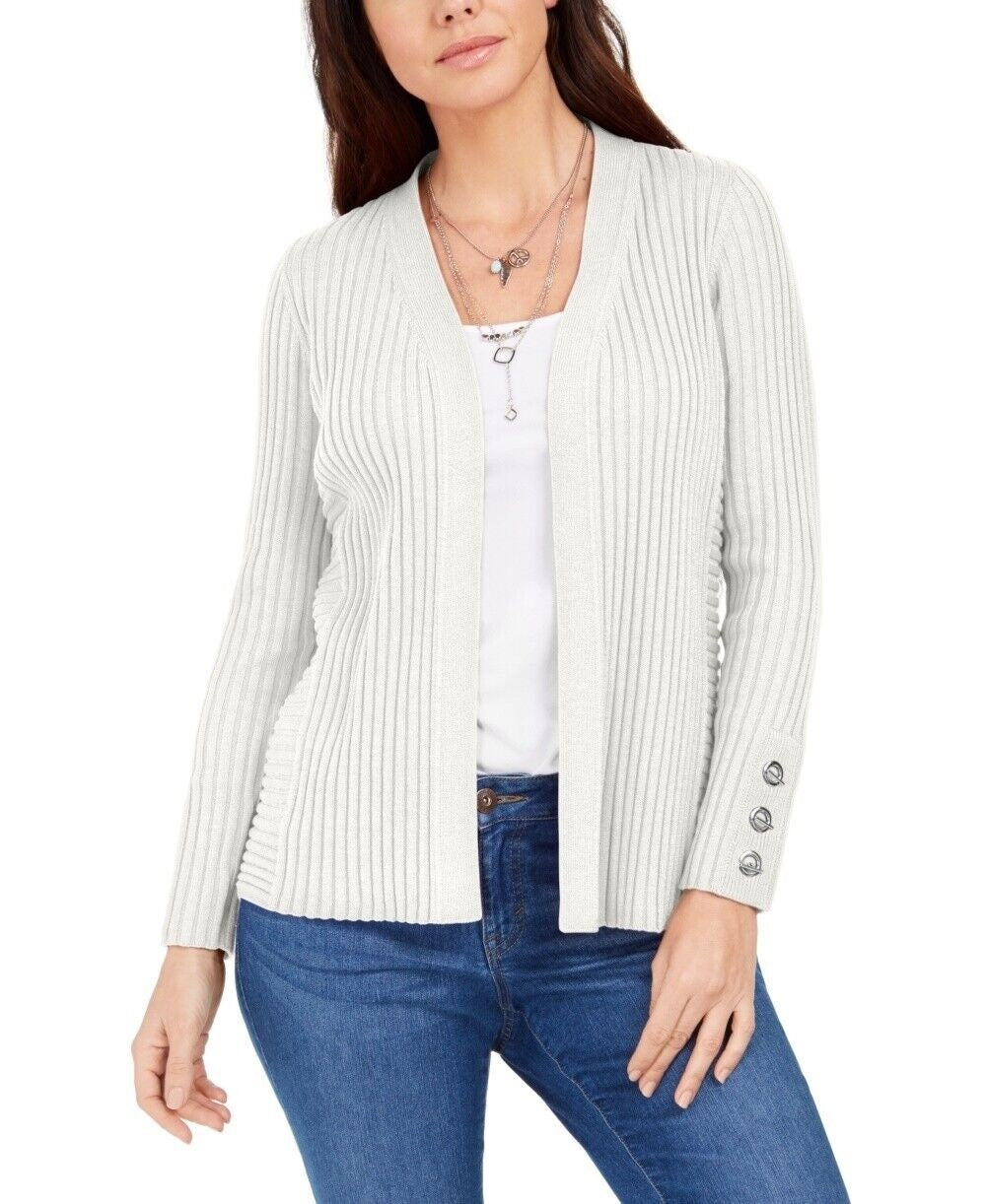 Cardigan feminino canelado com manga de botão e gola alta, tamanho extragrande, branco, da coleção JM