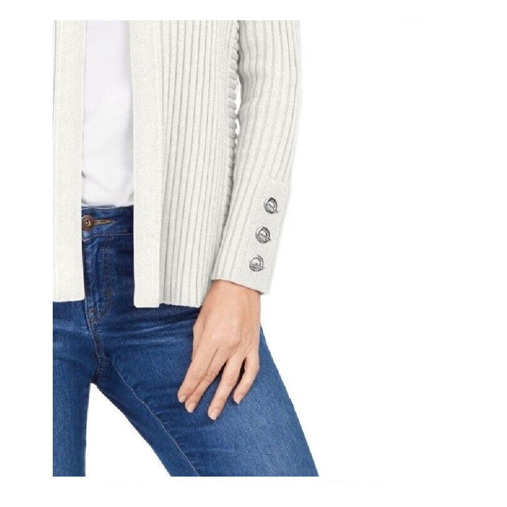 Cardigan feminino canelado com manga de botão e gola alta, tamanho extragrande, branco, da coleção JM