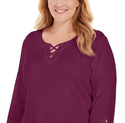 Blusa feminina Karen Scott Plus Cotton com acabamento cruzado, roxa, tamanho 3XL