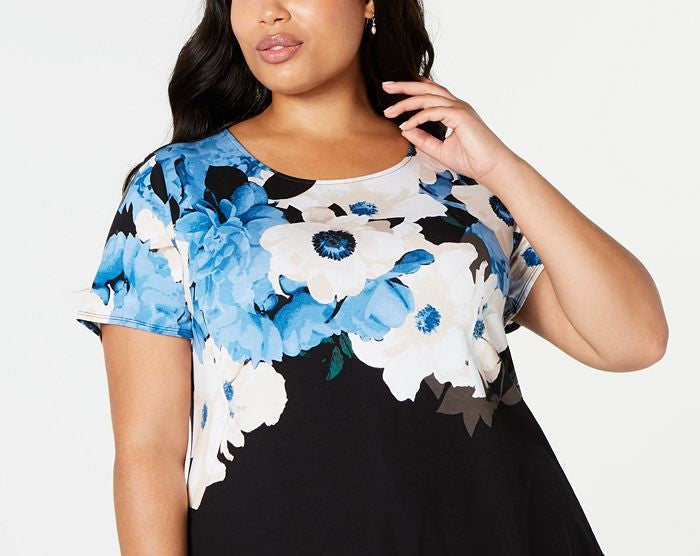 Blusa casual feminina Alfani com decote em joia floral, azul, tamanho 0X