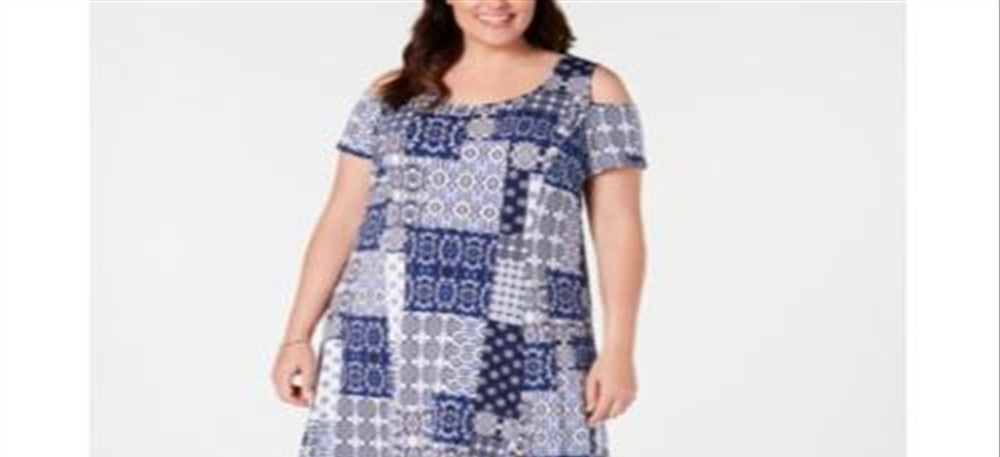 Vestido longo feminino plus size estampado com ombros descobertos, azul, tamanho 3X, da NY Collection