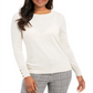 Suéter feminino de lã merino com punho de botão e gola redonda, tamanho XS