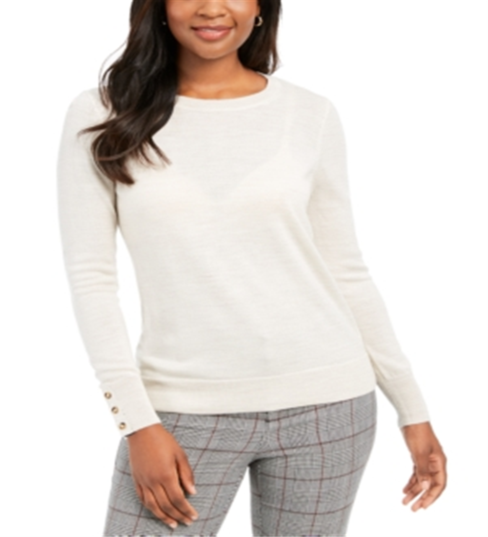 Suéter feminino de lã merino com punho de botão e gola redonda, tamanho XS
