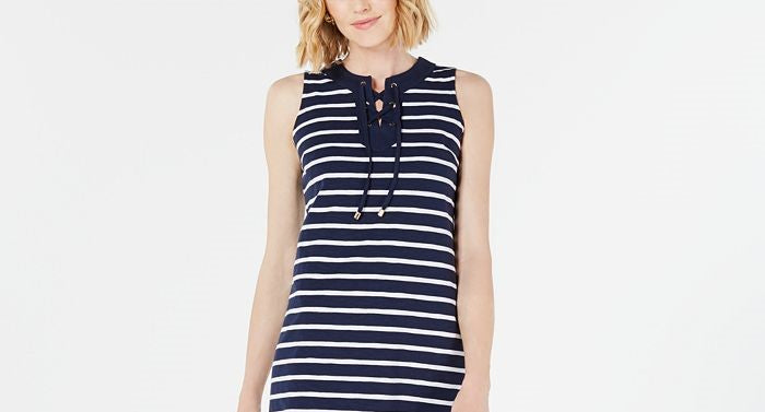 Vestido feminino Charter Club com decote em renda e listras acima do joelho, azul, tamanho grande