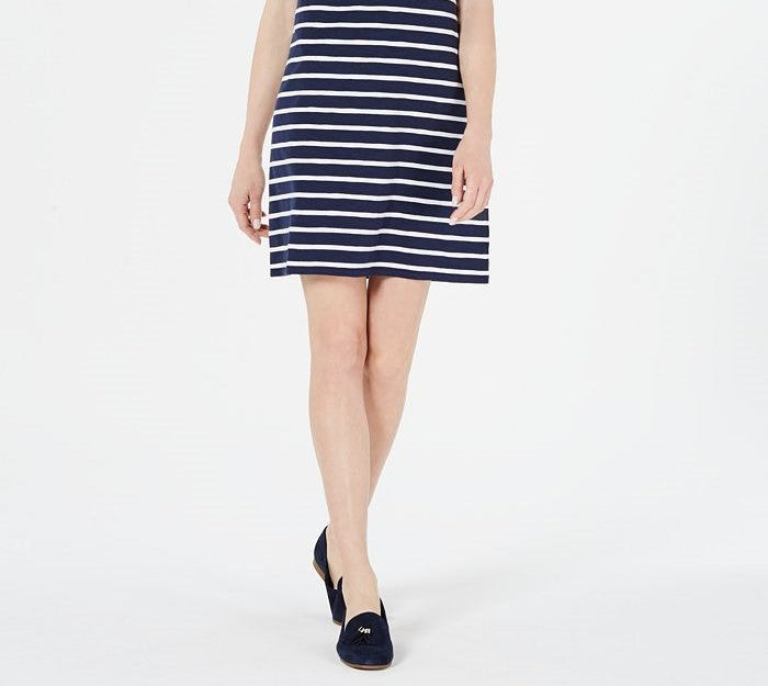Vestido feminino Charter Club com decote em renda e listras acima do joelho, azul, tamanho grande