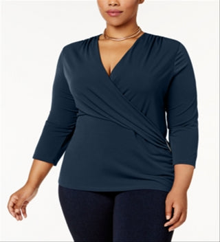 Charter Club Feminino Plus Faux Wrap Hardware Top Azul Tamanho 0X