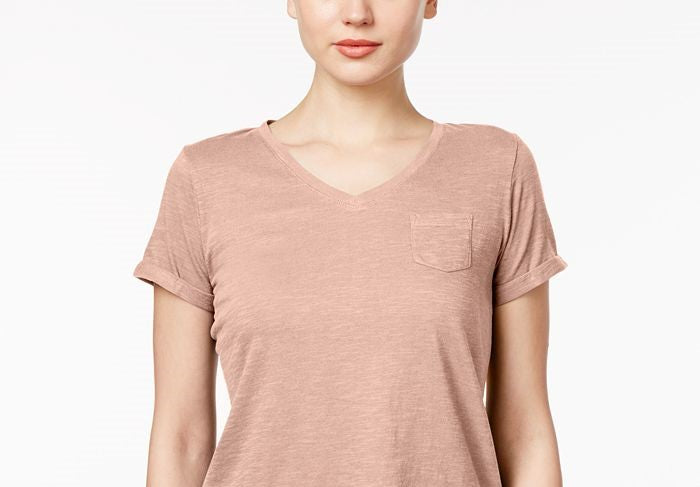 Camiseta feminina com decote em V e bolso, tamanho pequeno, amarela, estilo &amp; co
