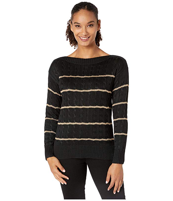 Suéter de tricô listrado Ralph Lauren feminino, preto, tamanho X-S