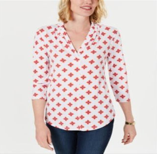 Camisa de malha plissada com decote em V estampada feminina Charter Club, tamanho médio, branca