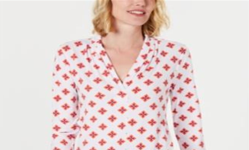 Camisa de malha plissada com decote em V estampada feminina Charter Club, tamanho médio, branca