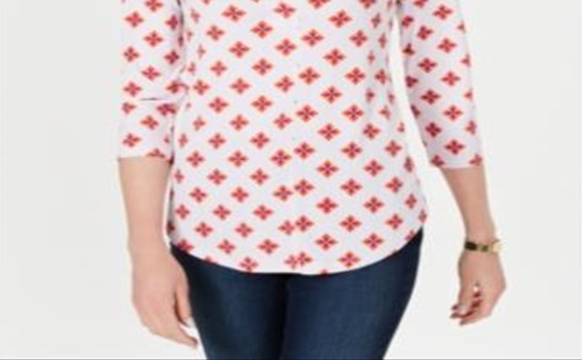 Camisa de malha plissada com decote em V estampada feminina Charter Club, tamanho médio, branca