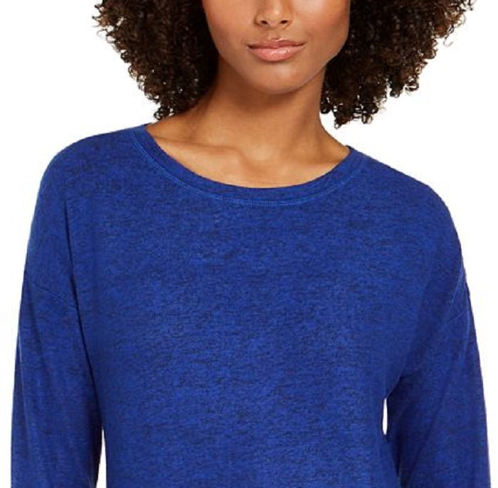 Blusa de malha mesclada feminina Ideology, manga comprida, azul brilhante, tamanho P