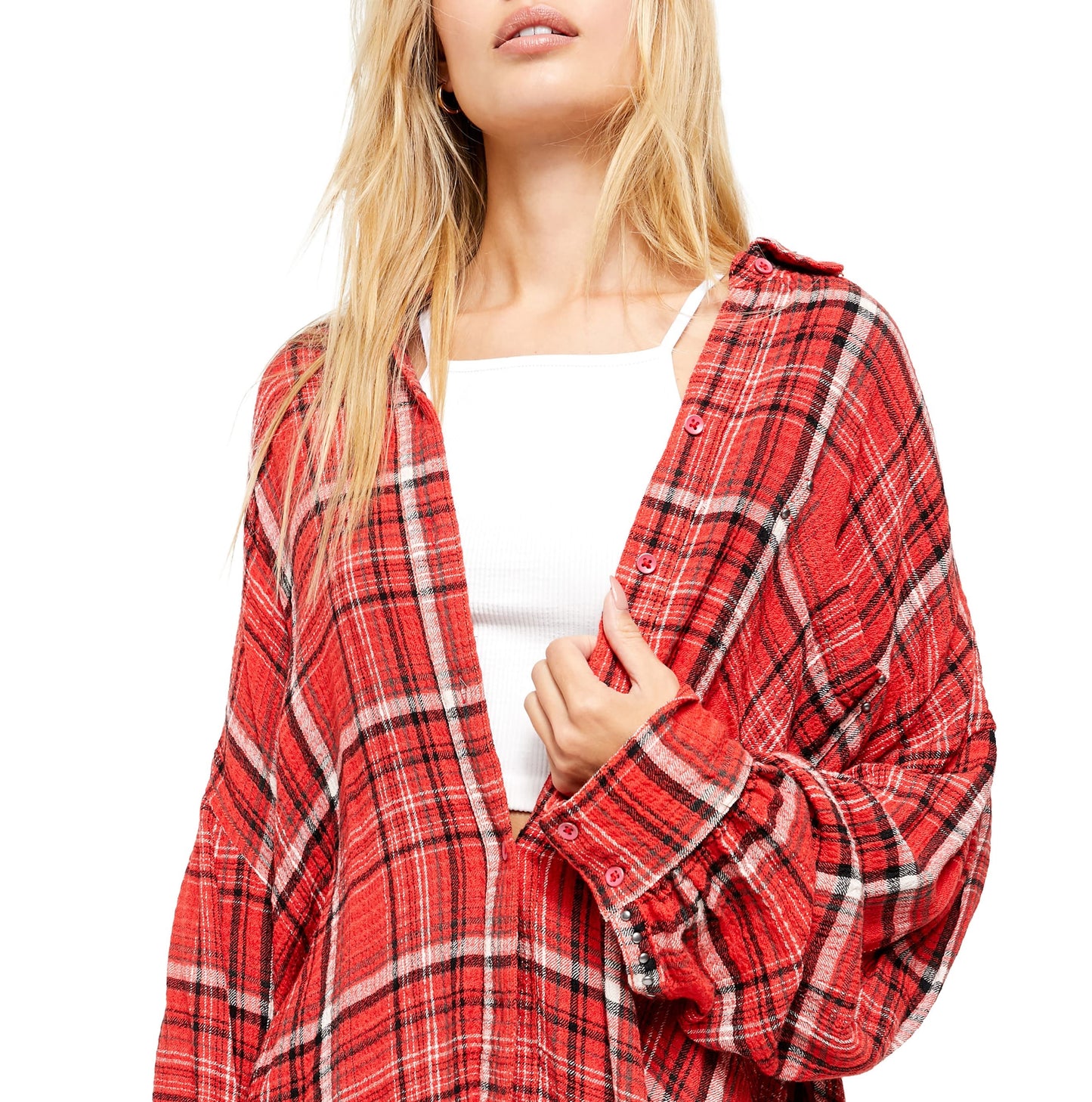 Camisa feminina Free People Hidden Valley com botões, vermelha escarlate, tamanho extrapequeno