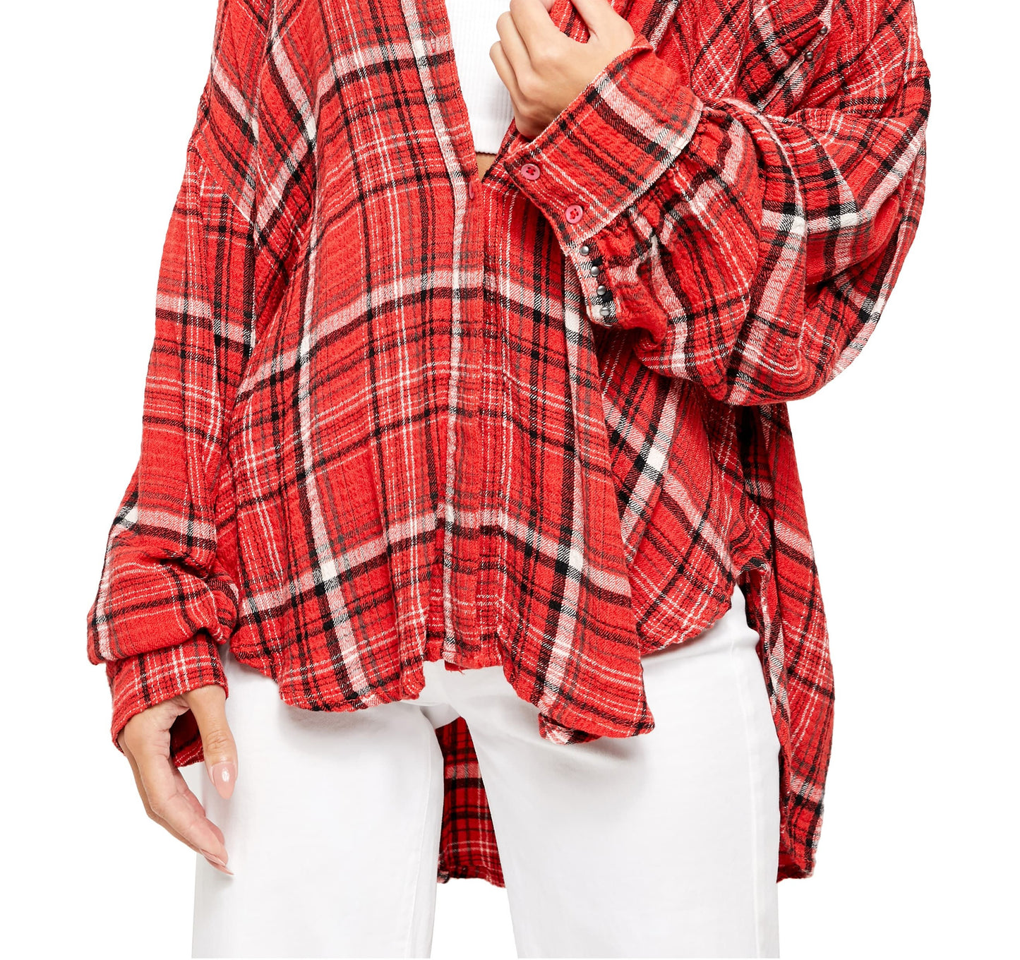 Camisa feminina Free People Hidden Valley com botões, vermelha escarlate, tamanho extrapequeno