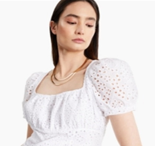 Blusa feminina de algodão com ilhós e gola quadrada, tamanho grande, branca, da INC International Concepts