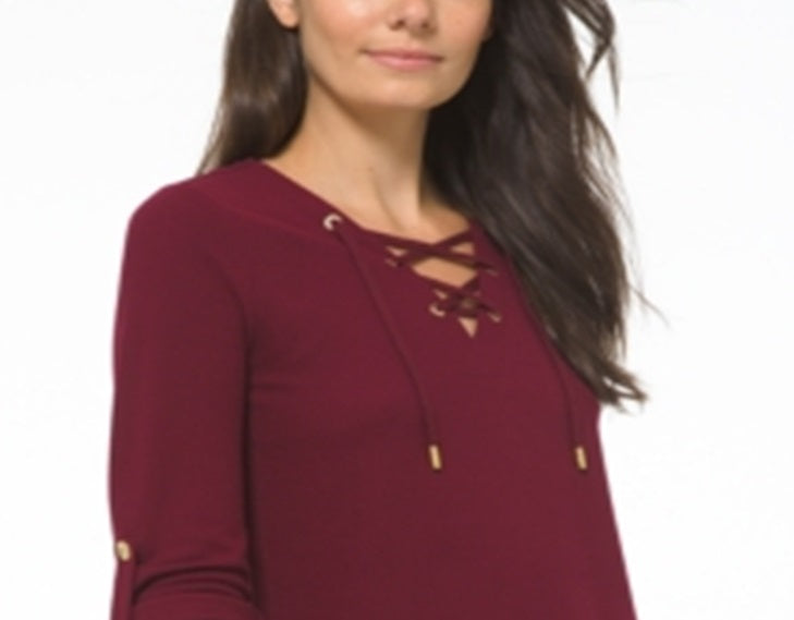 Blusa feminina Michael Kors Waffle Knit com cadarço frontal, vermelha, tamanho grande