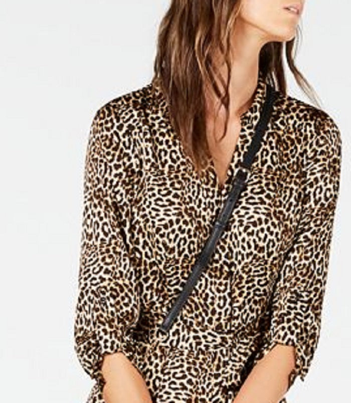 Vestido-camisa feminino INC com estampa de leopardo e manga cotovelo, longo, marrom, tamanho 4