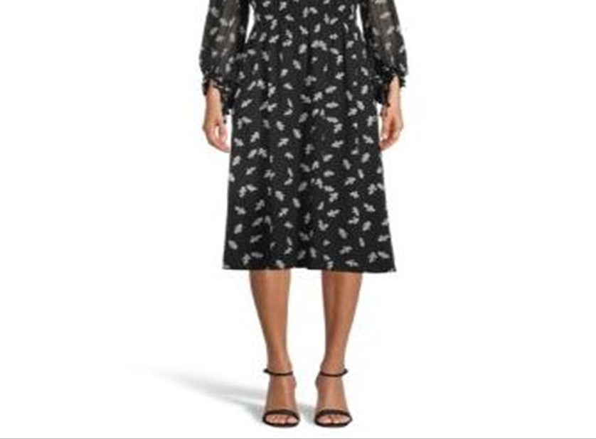 Vestido feminino Anne Klein com estampa de folhas franzidas e corte evasê, preto, tamanho médio