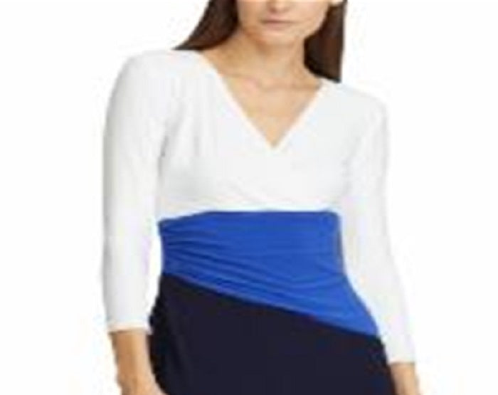 Vestido Ralph Lauren Feminino com Bloco de Cores, Manga Curta, Gola Joia, Acima do Joelho, Azul, Tamanho 2