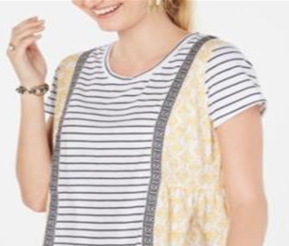 Camiseta feminina listrada com estampa mista Style &amp; Co, tamanho pequeno, amarela