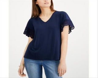 Charter Club Women's Lace Trim V Neck Top Blue Size Small