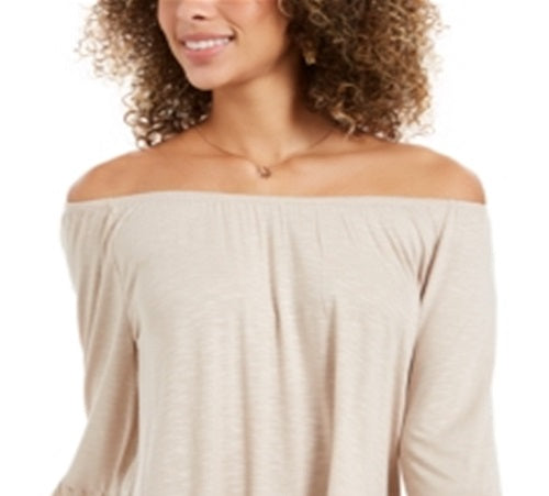 Blusa feminina estilo &amp; co com ombro de fora e manga sino, marrom, tamanho GG