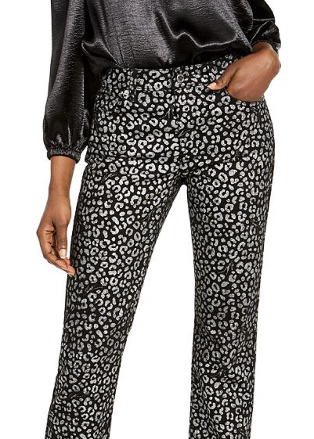 Calça jeans curta feminina Michael Kors com estampa animal e folha, preta, tamanho -0