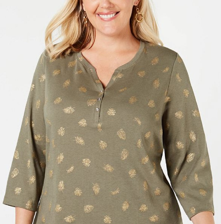 Karen Scott Plus Size Henley com estampa de folha feminina, verde, tamanho 0X