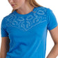 Camiseta feminina Lucky Brand com gola alta bordada, azul princesa, tamanho médio