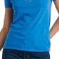 Camiseta feminina Lucky Brand com gola alta bordada, azul princesa, tamanho médio
