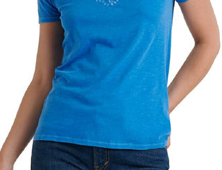 Camiseta feminina Lucky Brand com gola alta bordada, azul princesa, tamanho médio